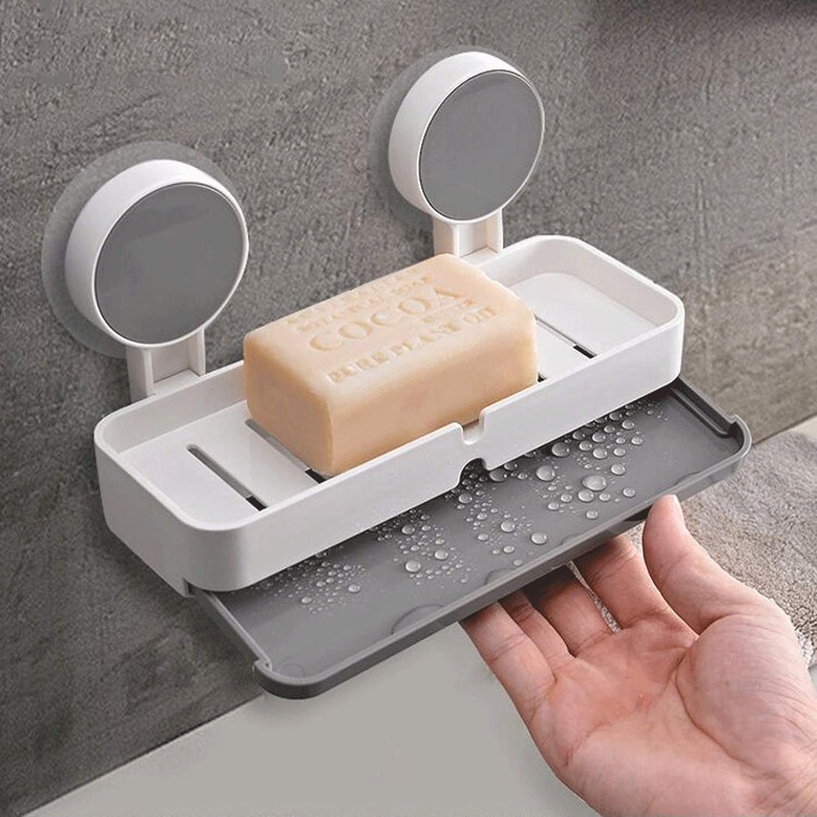 Soap Dish Holder for Bathroom, Non-Drill Wall Mount Magic Sticker Self Adhesive Soap Stand for Bathroom with Removable Drain Tray (Long soap Dish) CHERRI BERRY BY GOLDEN SPARROW