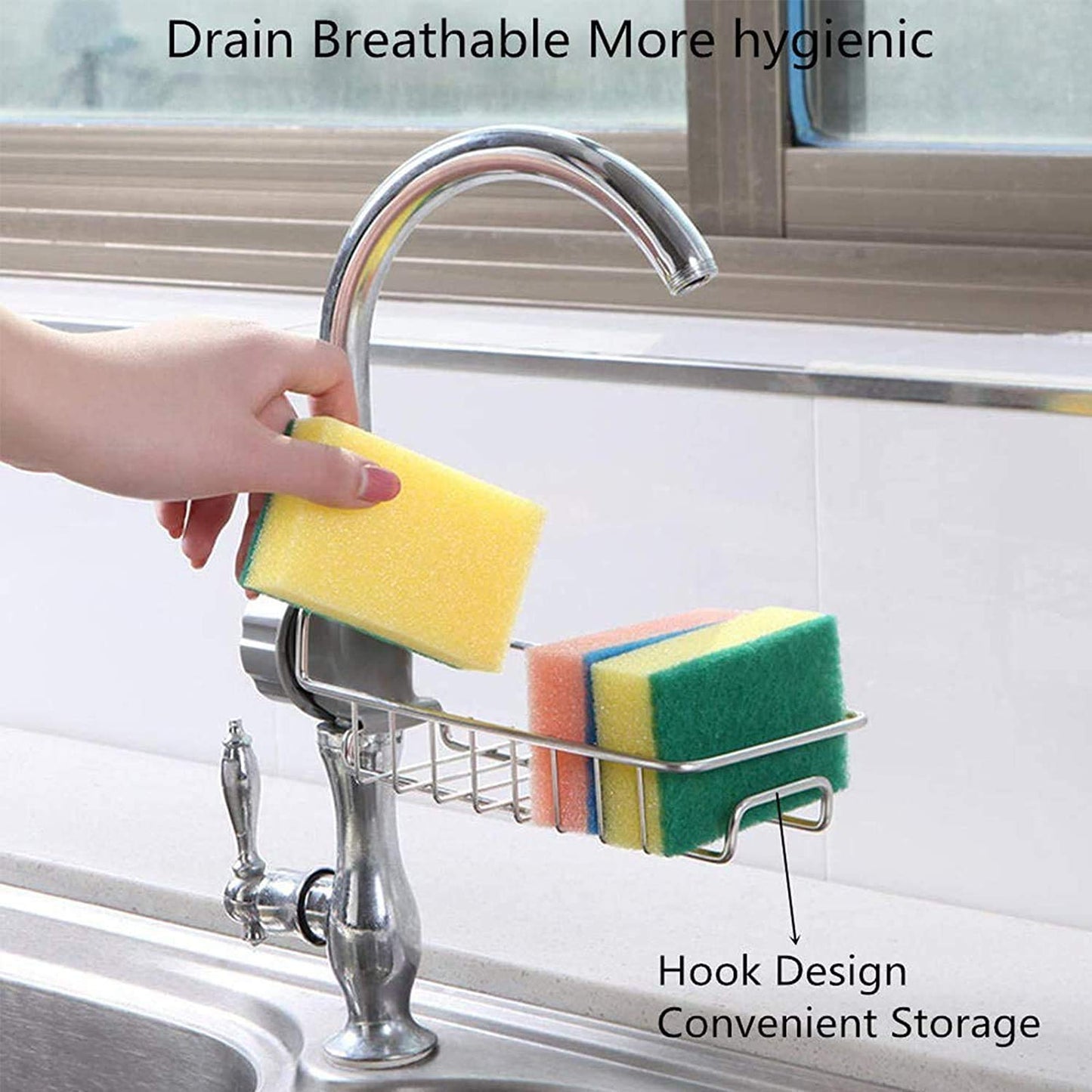 1 PC Kitchen Sink Faucet Sponge Holder Caddy Organizer Over, Stainless Steel Heavy Duty Thickening Hanging Drain Rack for scrubbers, soap, Bathroom, Detachable no Suction Cup Bathroom soap Holder CHERRI BERRY BY GOLDEN SPARROW