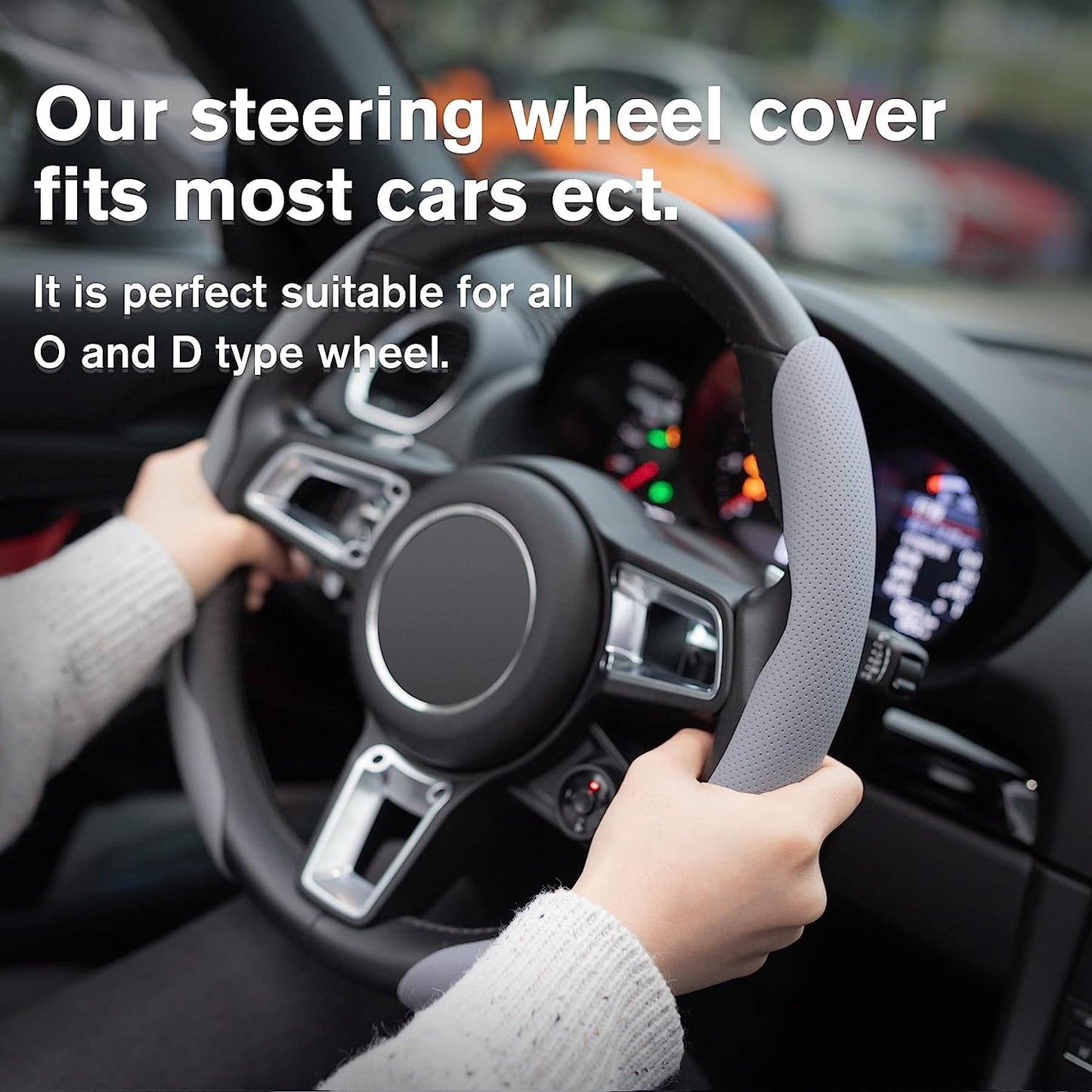 Universal Car Anti Skid Non Slip Grey Leather Steering Wheel Grip Covers