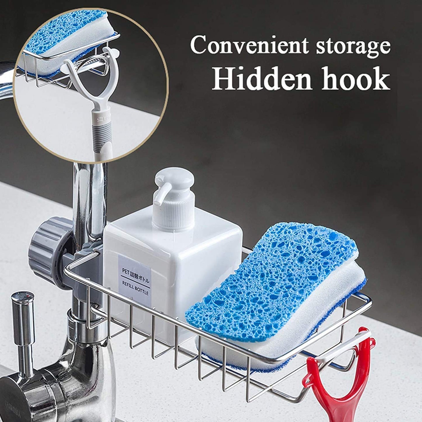1 PC Kitchen Sink Faucet Sponge Holder Caddy Organizer Over, Stainless Steel Heavy Duty Thickening Hanging Drain Rack for scrubbers, soap, Bathroom, Detachable no Suction Cup Bathroom soap Holder CHERRI BERRY BY GOLDEN SPARROW