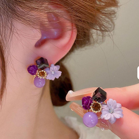 Purple Floral Cluster Stud Earrings