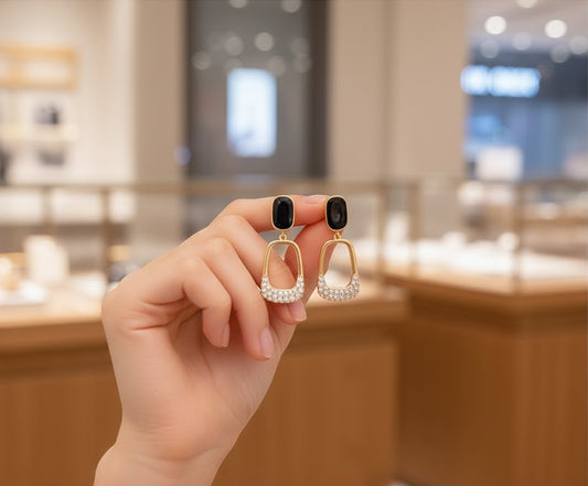 New Elegant Black Gemstone & Crystal Earrings